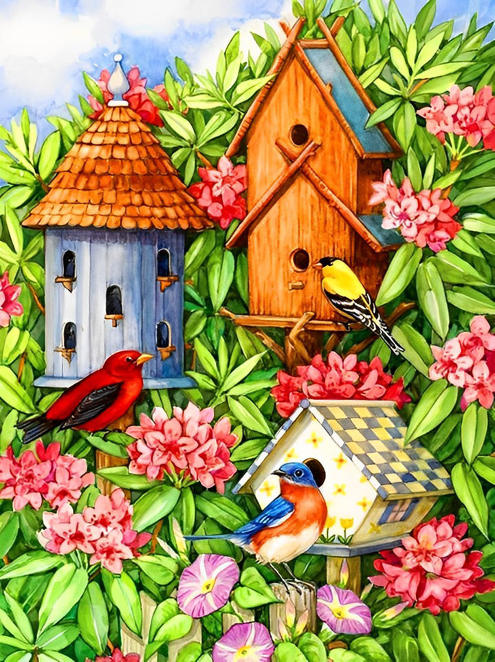 Vogelnesten en Kolibries in de Roze Bloemen Diamond Painting