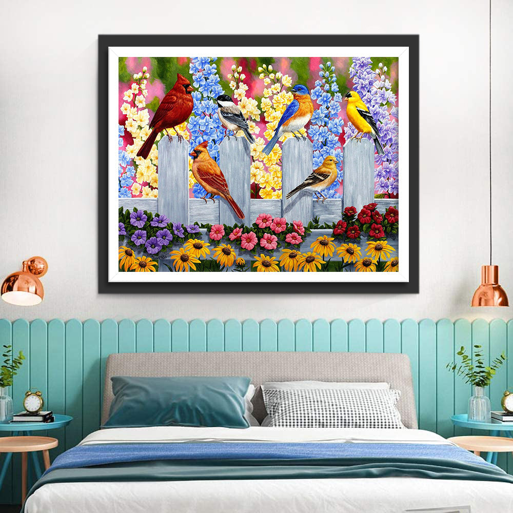 Vogels en Bloemen op het Hek Diamond Painting