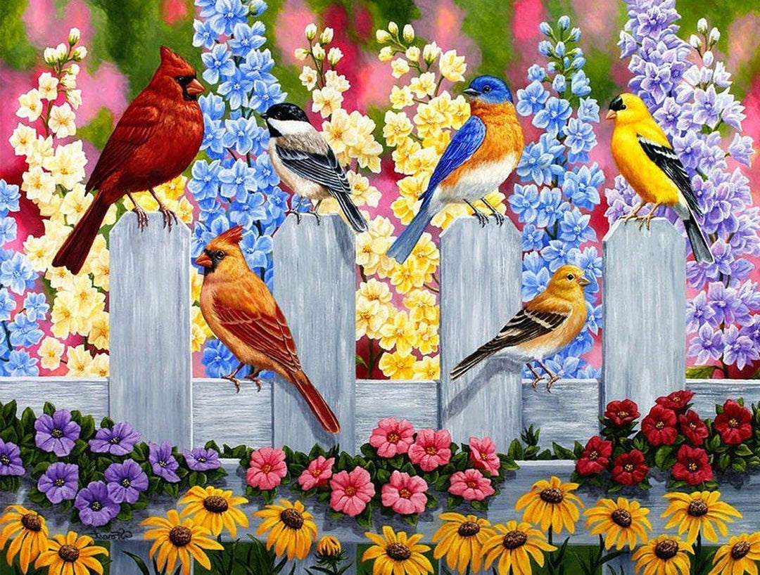 Vogels en Bloemen op het Hek Diamond Painting