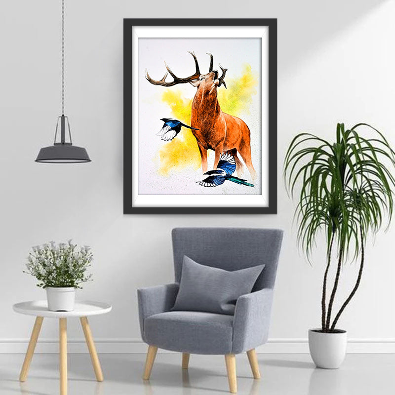 Vogels en een Huilend Hert Diamond Painting