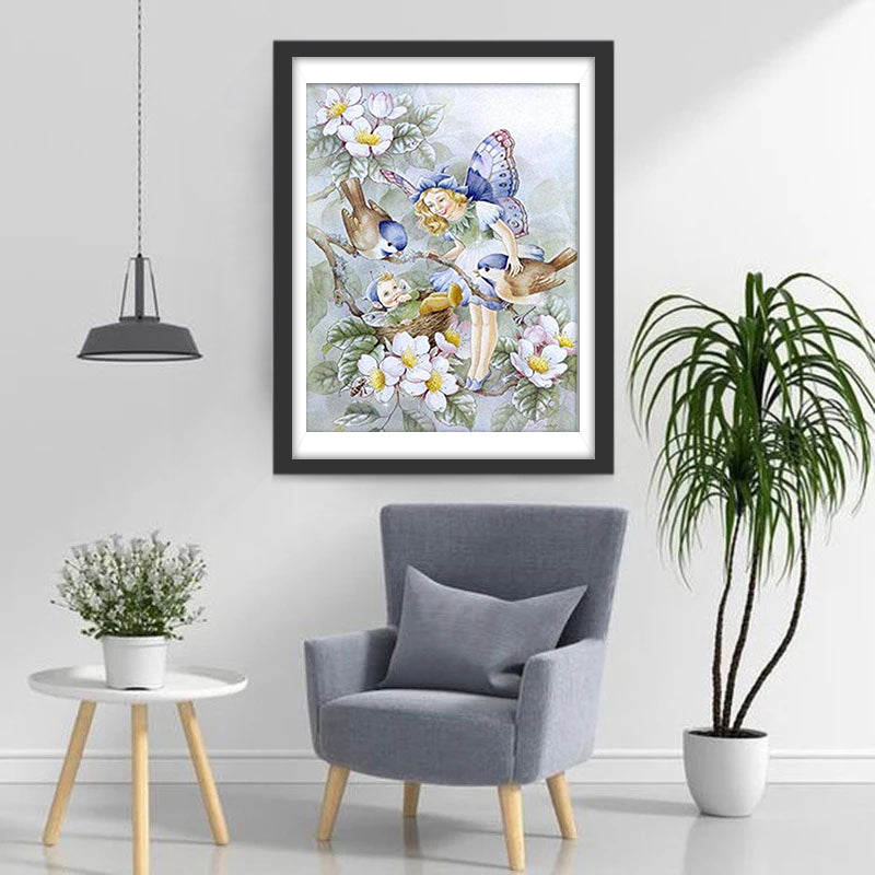 Vogels op Witte Bloemen, Kleine Meisjes en een Baby Diamond Painting