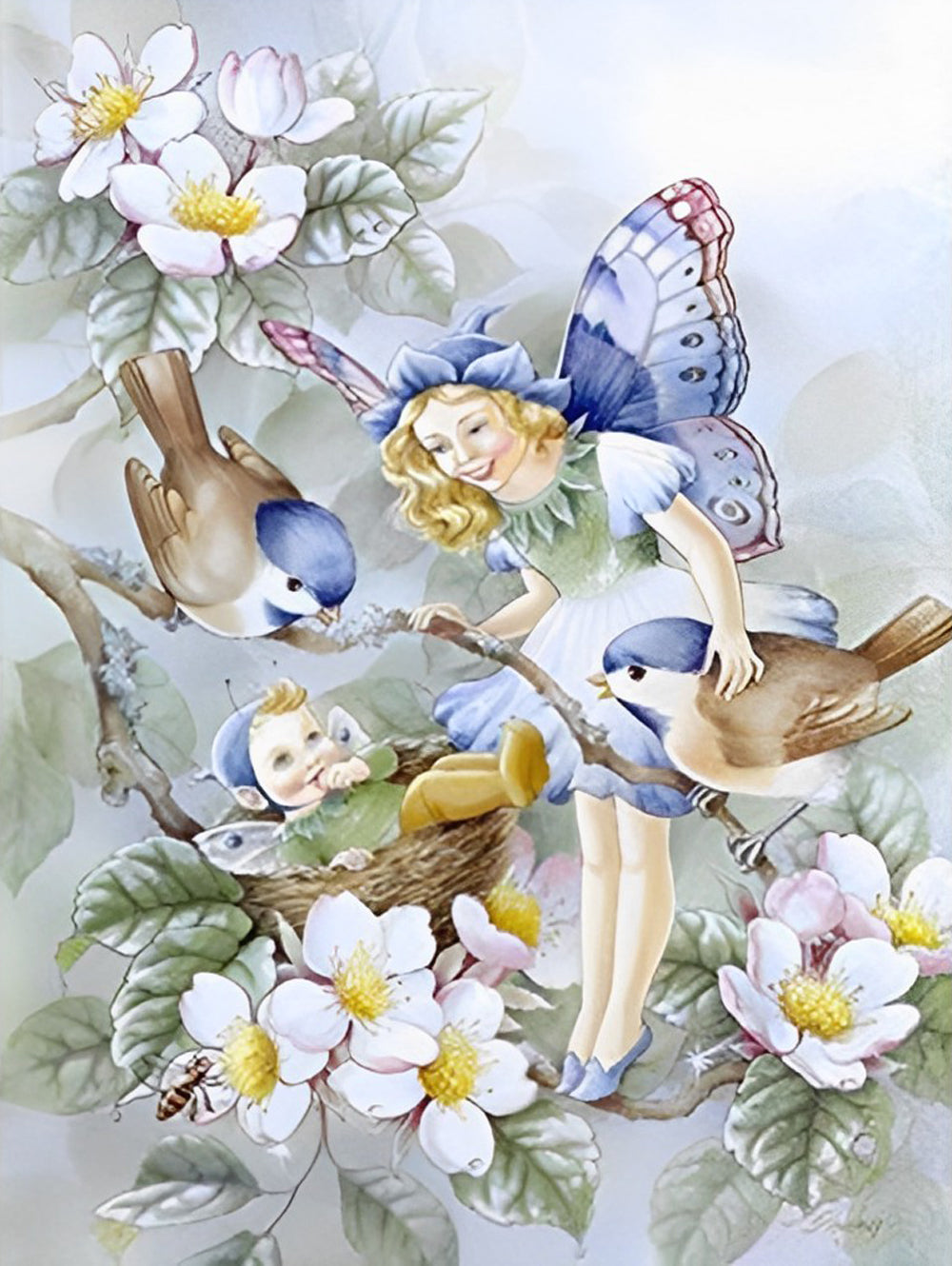 Vogels op Witte Bloemen, Kleine Meisjes en een Baby Diamond Painting
