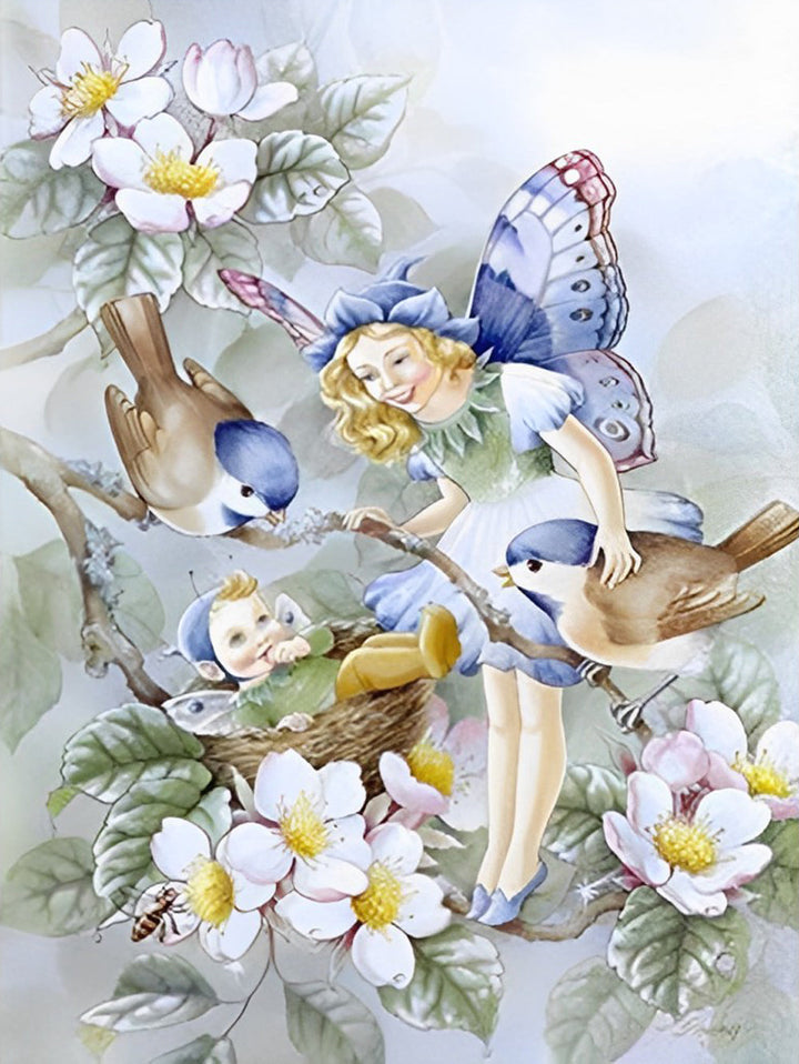 Vogels op Witte Bloemen, Kleine Meisjes en een Baby Diamond Painting