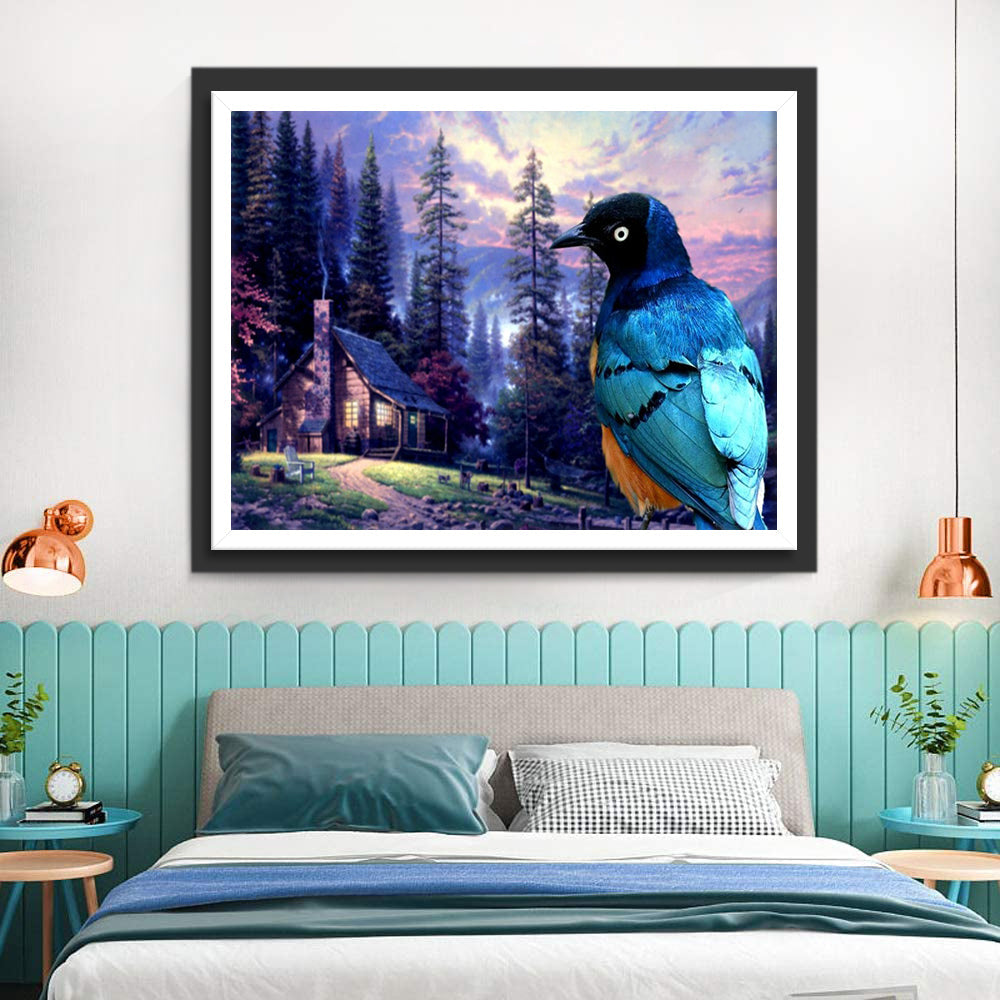 Vogels voor de hut in de Kleurrijke Zonsondergang Diamond Painting