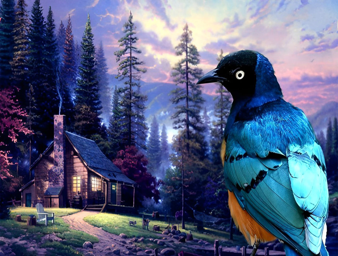 Vogels voor de hut in de Kleurrijke Zonsondergang Diamond Painting