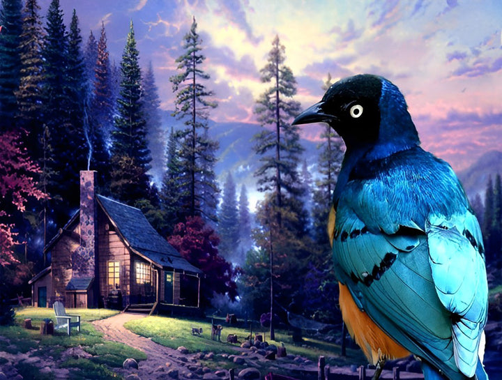 Vogels voor de hut in de Kleurrijke Zonsondergang Diamond Painting