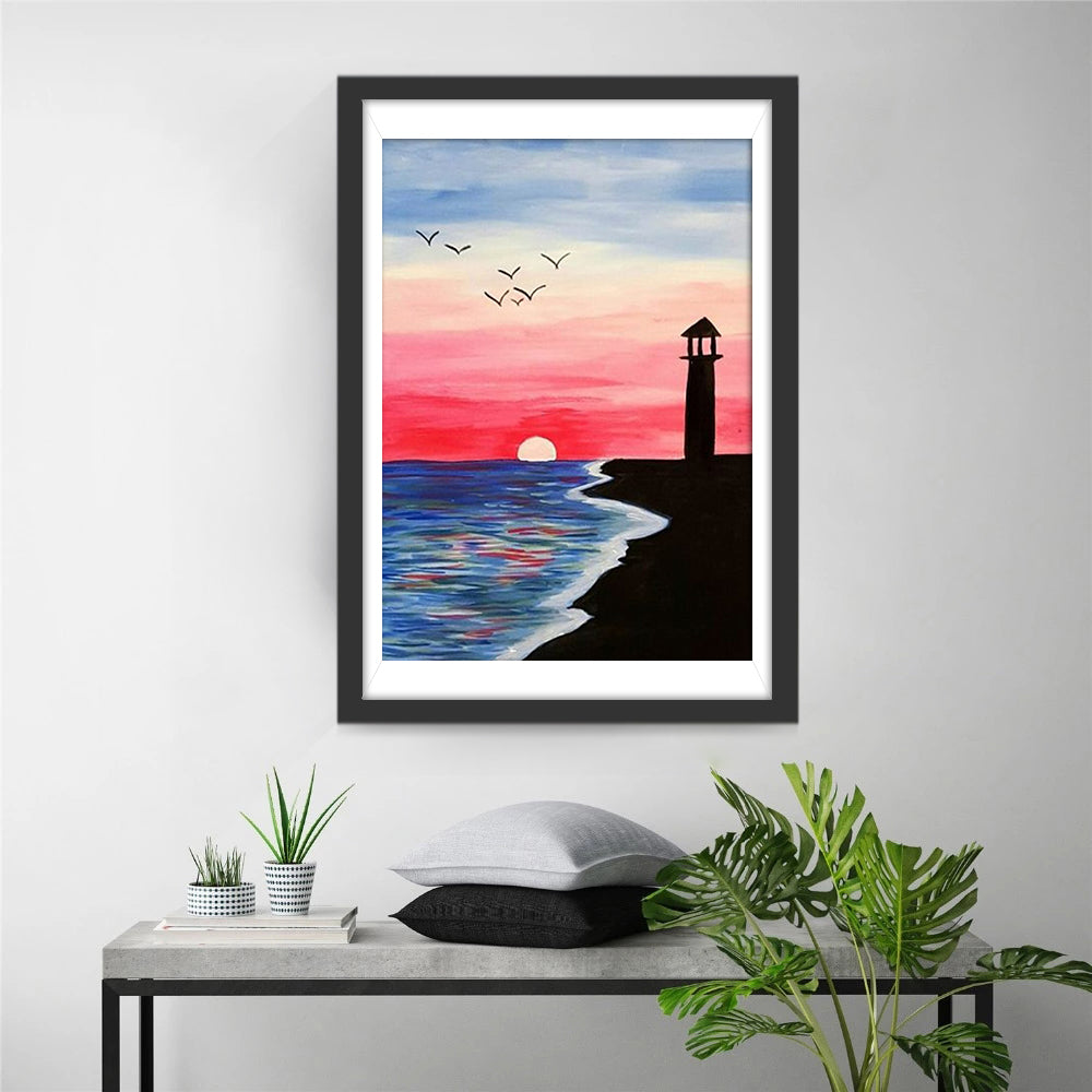 Vogels, Zon en Vuurtoren Diamond Painting