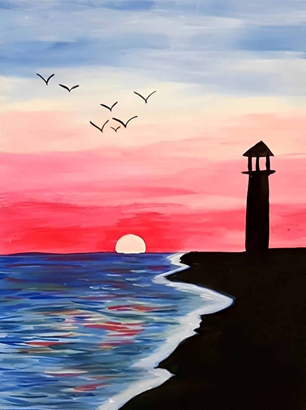 Vogels, Zon en Vuurtoren Diamond Painting
