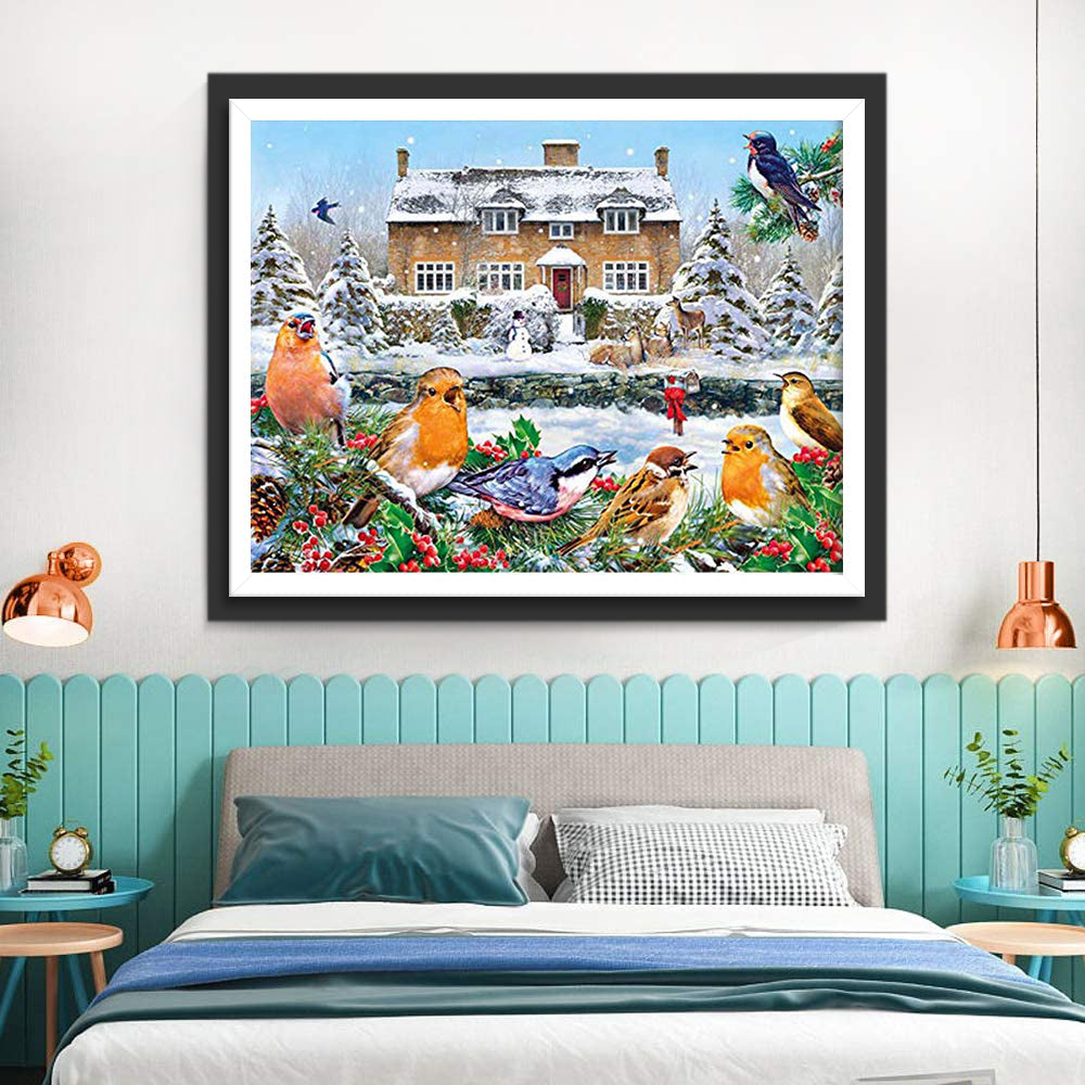 Vogelzwerm voor de Hut op een Besneeuwde Dag Diamond Painting