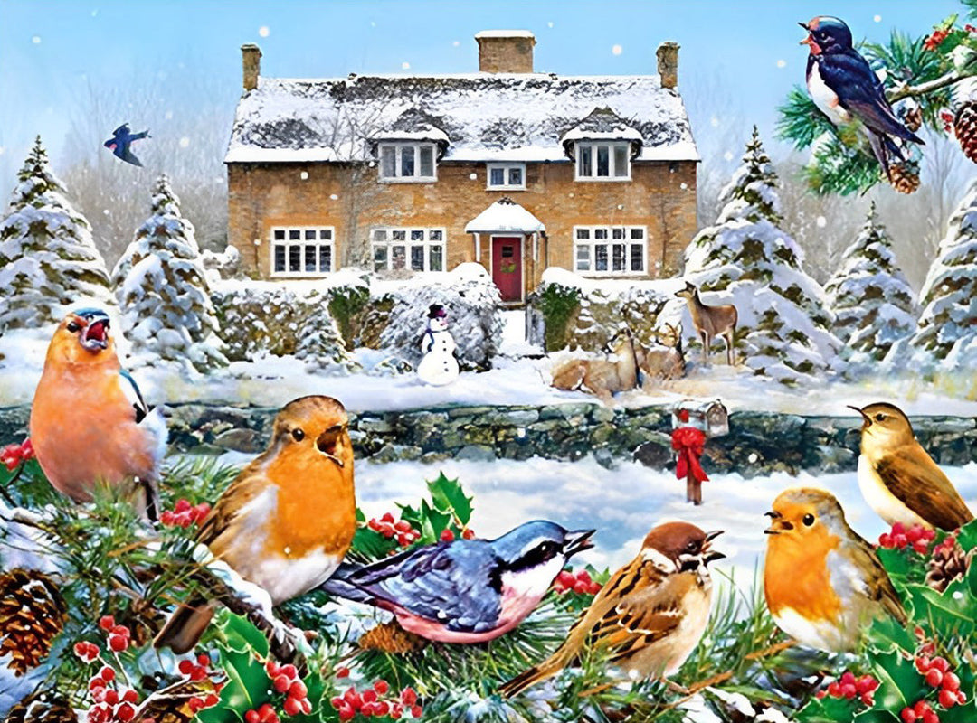 Vogelzwerm voor de Hut op een Besneeuwde Dag Diamond Painting