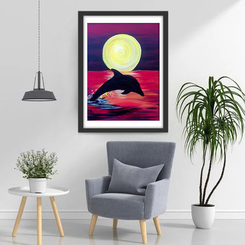 Volle Maan en Springende Dolfijn in het Water Diamond Painting