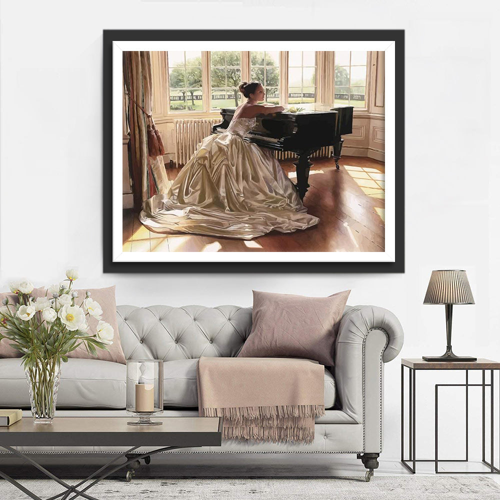Voorname Dame in Trouwjurk bij de Piano Diamond Painting