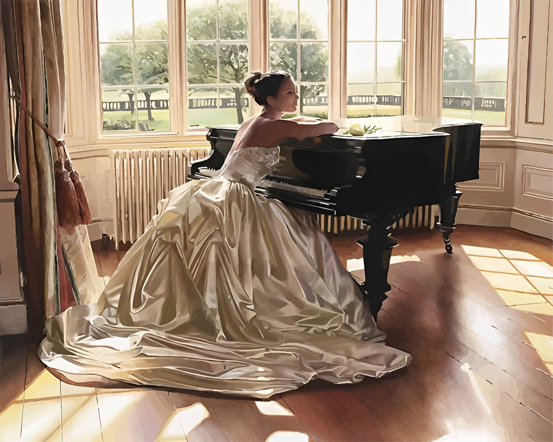 Voorname Dame in Trouwjurk bij de Piano Diamond Painting