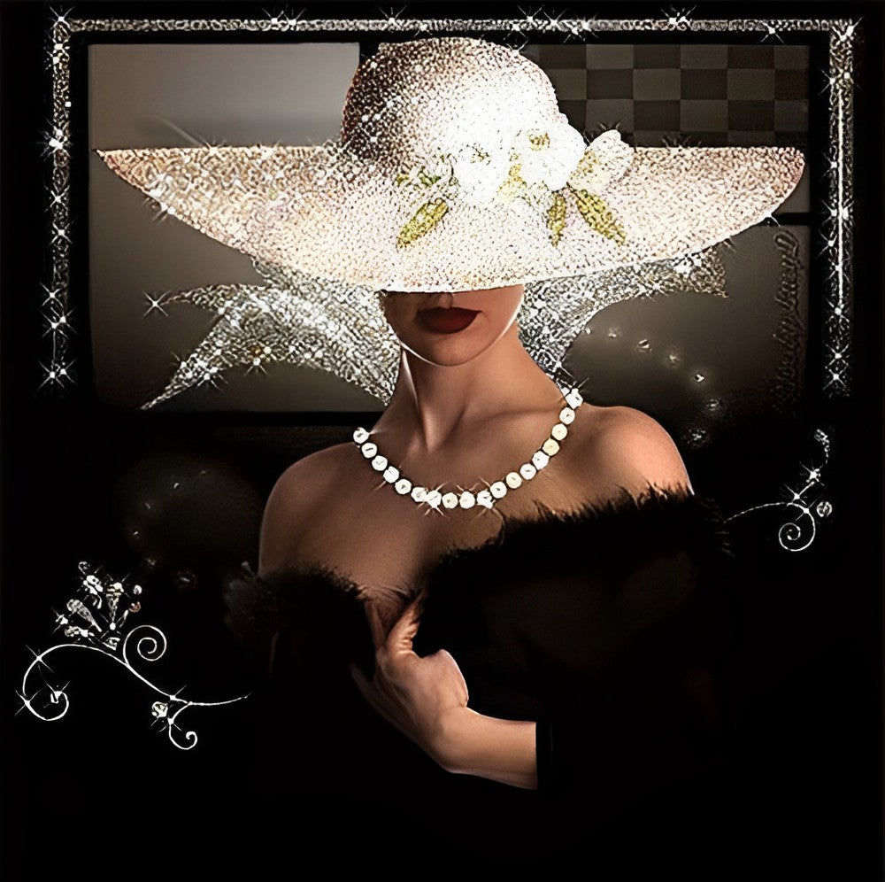 Voorname Vrouw in Zwarte Avondjurk en Prachthoed Diamond Painting