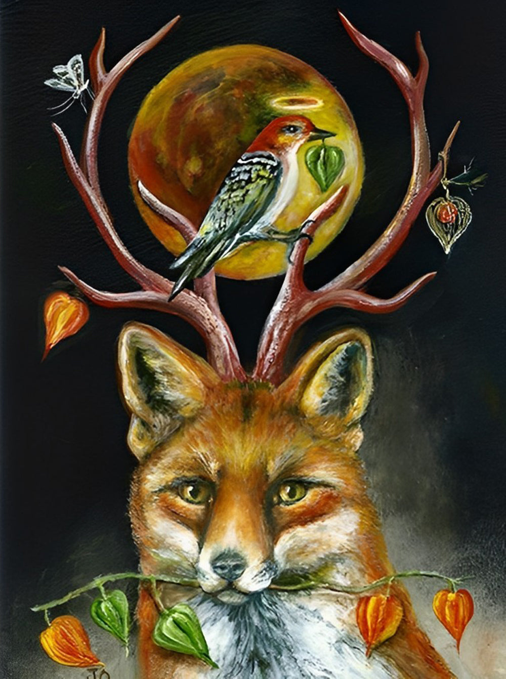 Vos, Kolibrie en Lantaarnfruit Diamond Painting