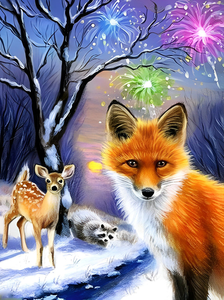 Vos, Wasbeer en Hert onder het Vuurwerk Diamond Painting