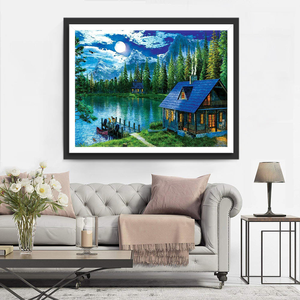 Vredige Nachtsfeer bij het Berghutje Diamond Painting
