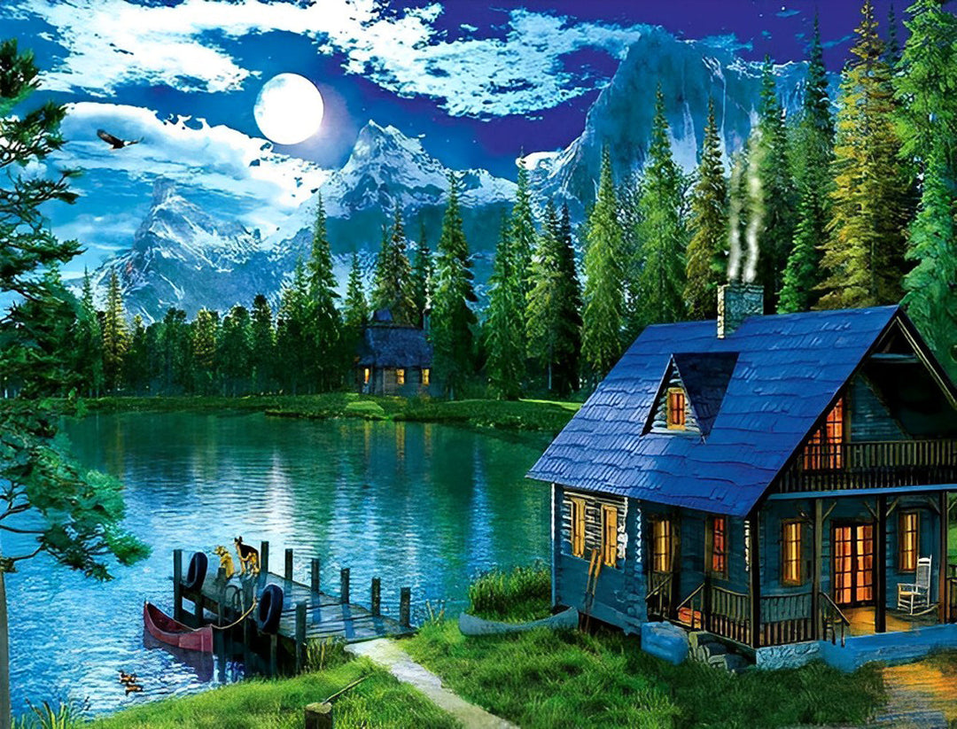Vredige Nachtsfeer bij het Berghutje Diamond Painting