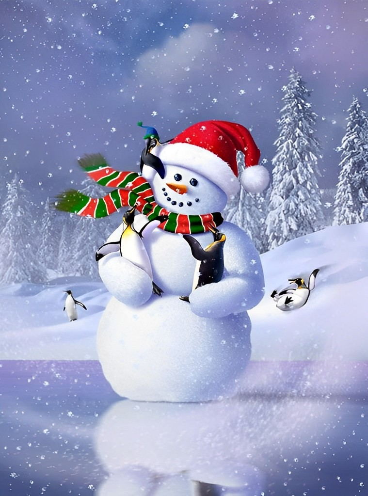 Vriendelijke Kerstsamenzijn van Sneeuwpop en Pinguïns Diamond Painting