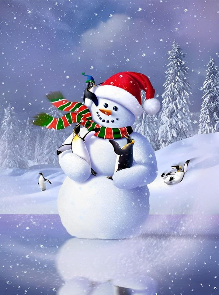 Vriendelijke Kerstsamenzijn van Sneeuwpop en Pinguïns Diamond Painting