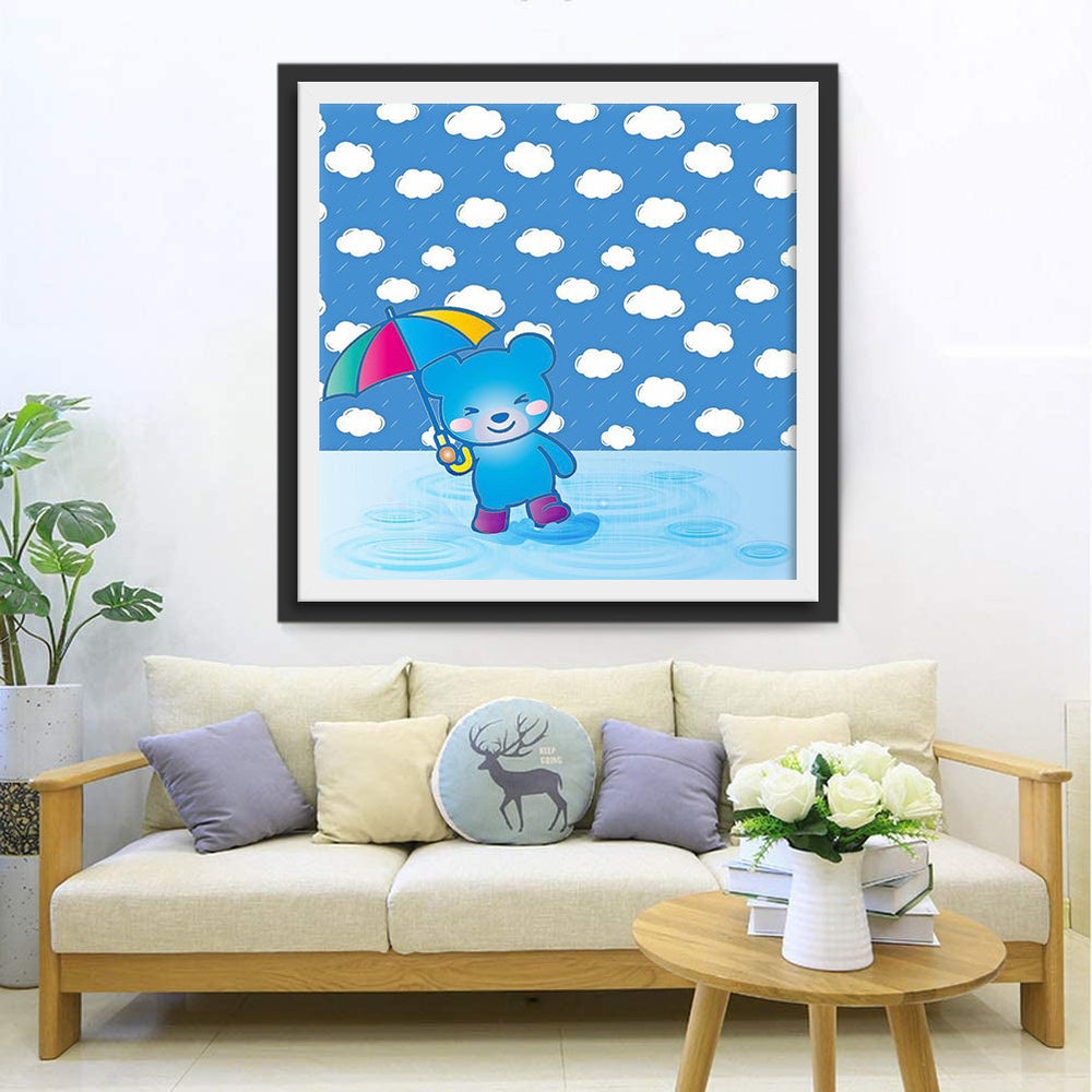 Vrolijk Blauw Beerje onder Wolken en Regen Diamond Painting