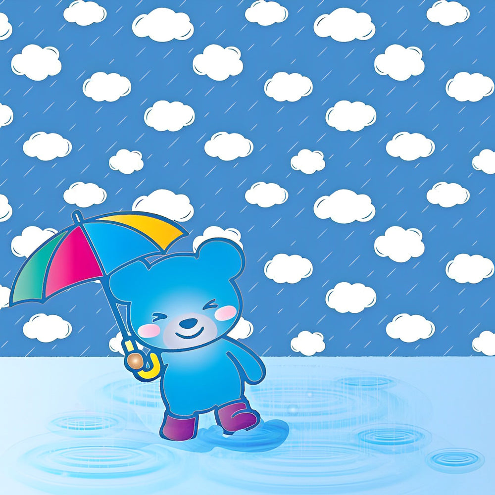 Vrolijk Blauw Beerje onder Wolken en Regen Diamond Painting