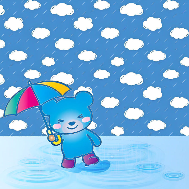 Vrolijk Blauw Beerje onder Wolken en Regen Diamond Painting