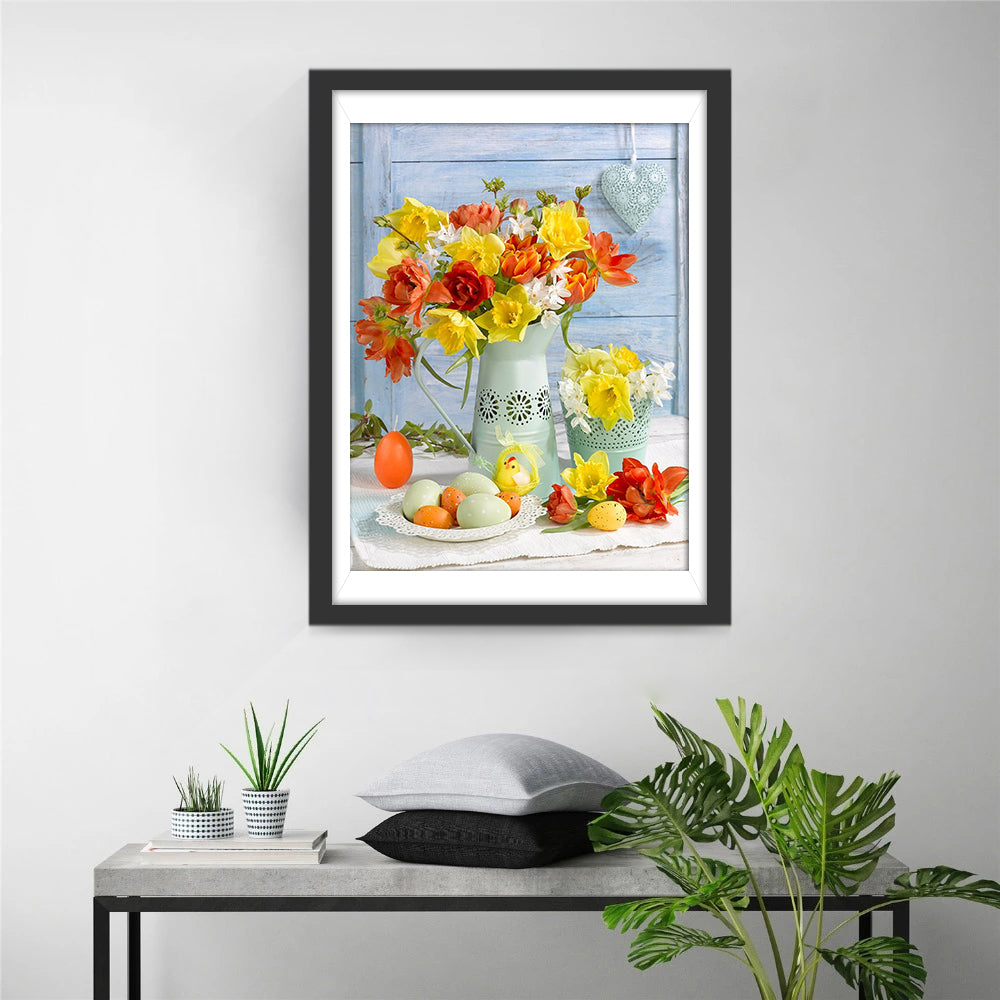 Vrolijk Lentetafereel met Bloemen en Eieren Diamond Painting