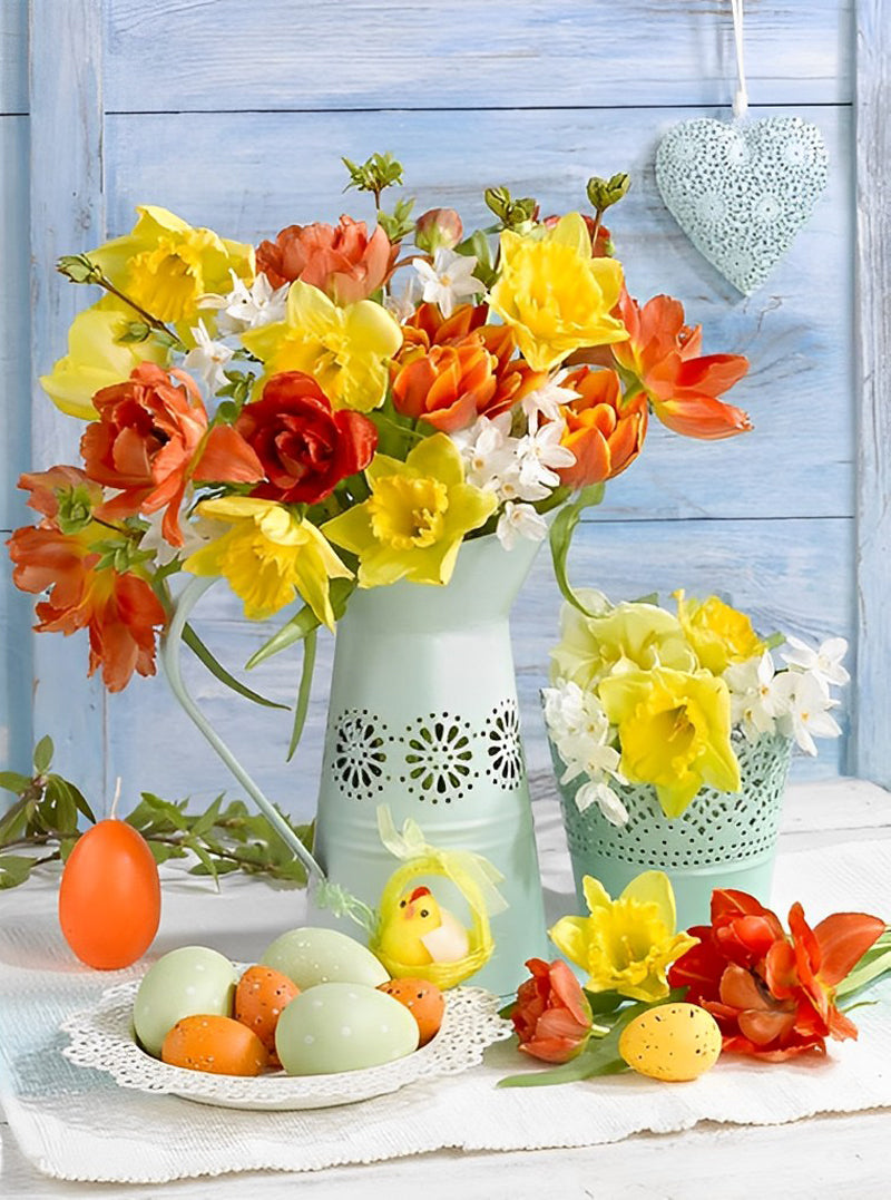 Vrolijk Lentetafereel met Bloemen en Eieren Diamond Painting