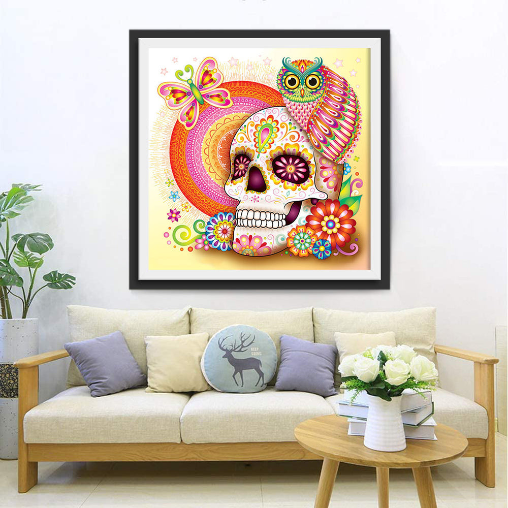 Vrolijk Schedeltafereel met Uil en Vlinder Diamond Painting