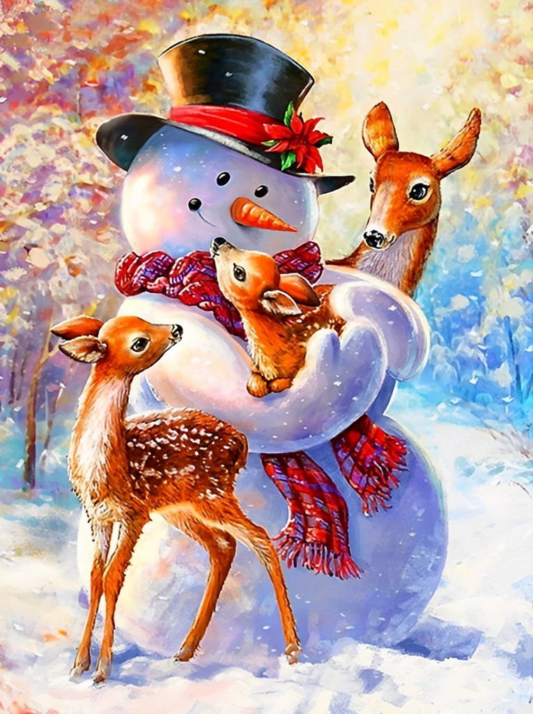 Vrolijk Sneeuwwezen met Nieuwsgierige Reebokjes Diamond Painting