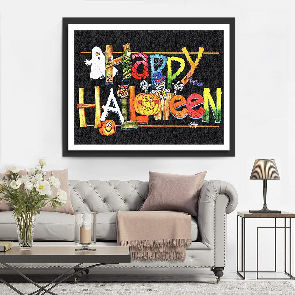 Vrolijke Halloween-tekst met Figuren Diamond Painting