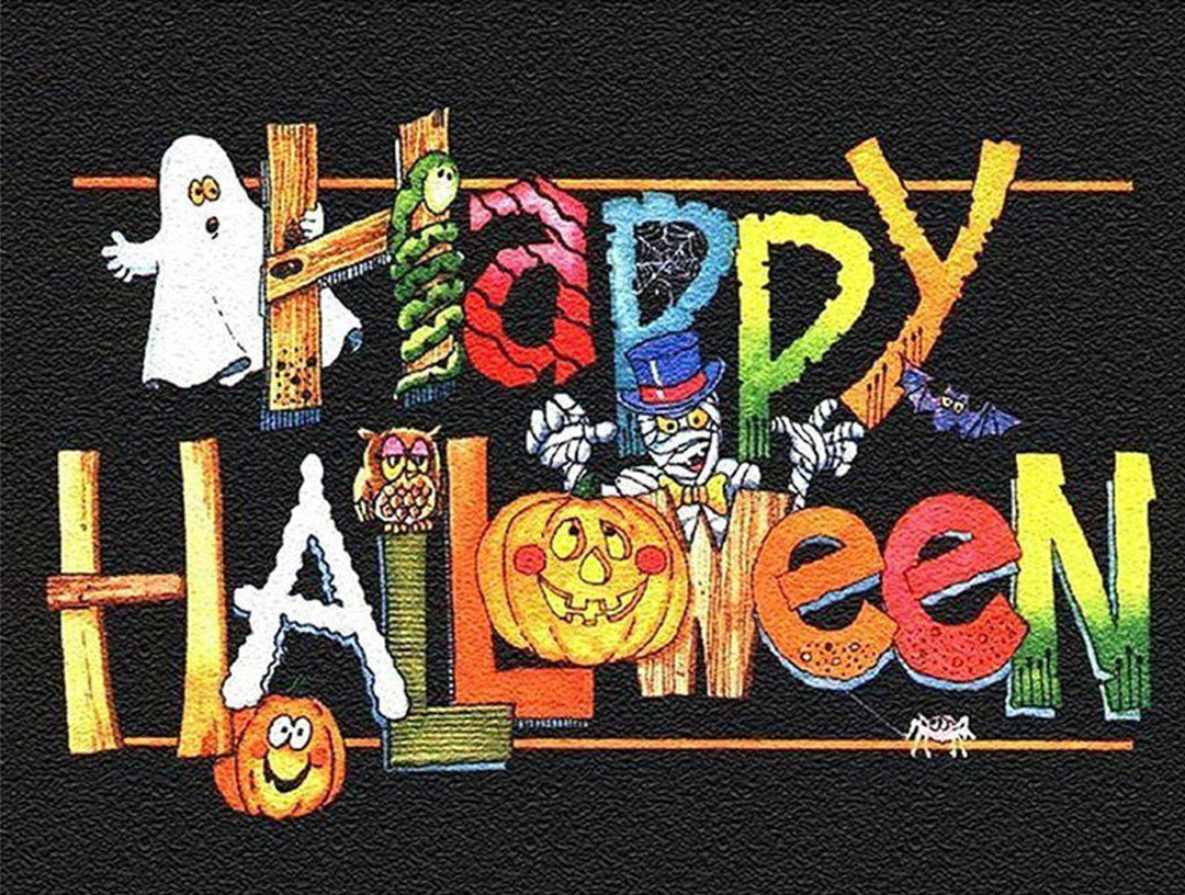 Vrolijke Halloween-tekst met Figuren Diamond Painting