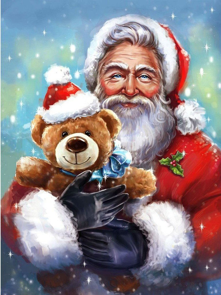 Vrolijke Kerstman met Schattig Beertje Diamond Painting