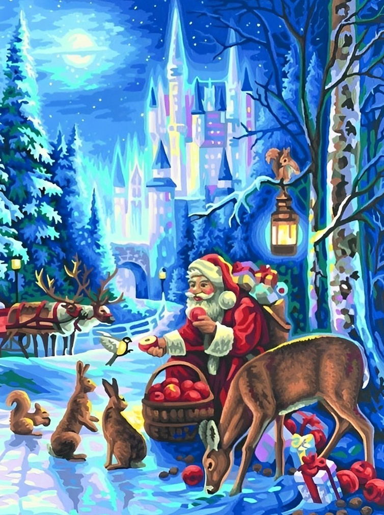 Vrolijke Kerstsfeer met de Kerstman en Dieren Diamond Painting