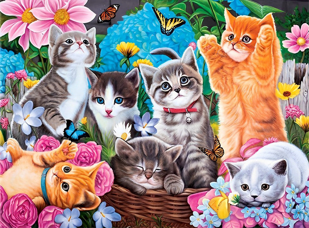 Vrolijke Kittengroep in een Kleurrijke Bloementuin Diamond Painting