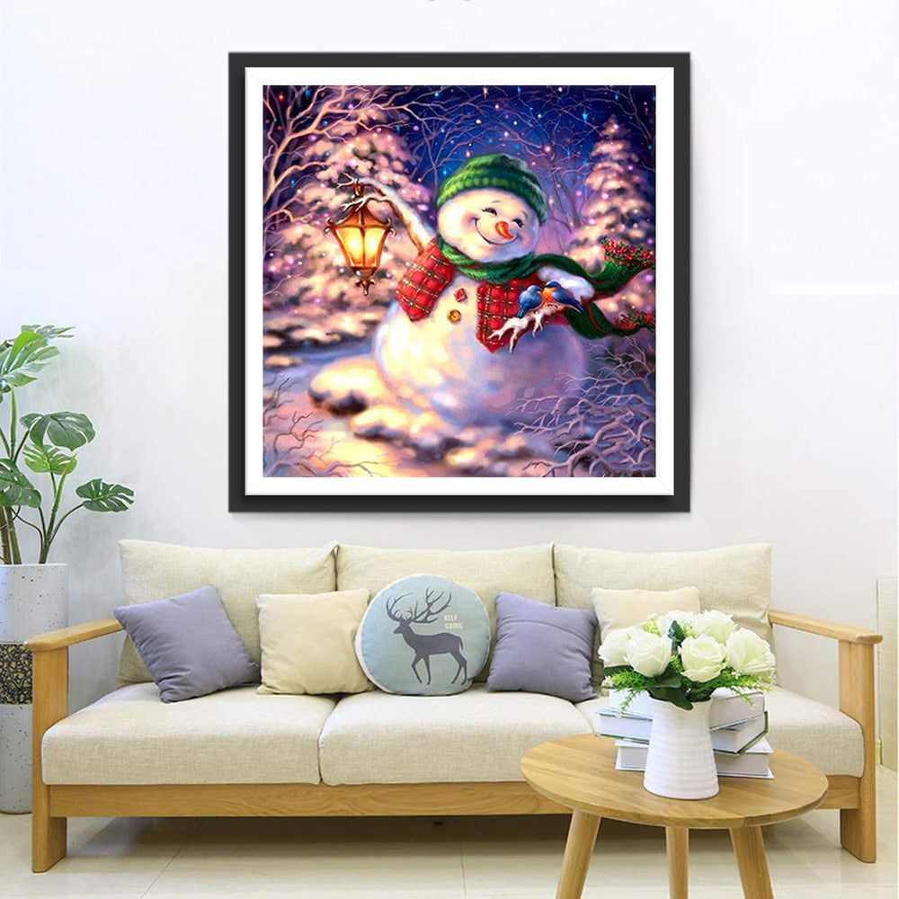 Vrolijke Sneeuwman met Lantaarn Diamond Painting