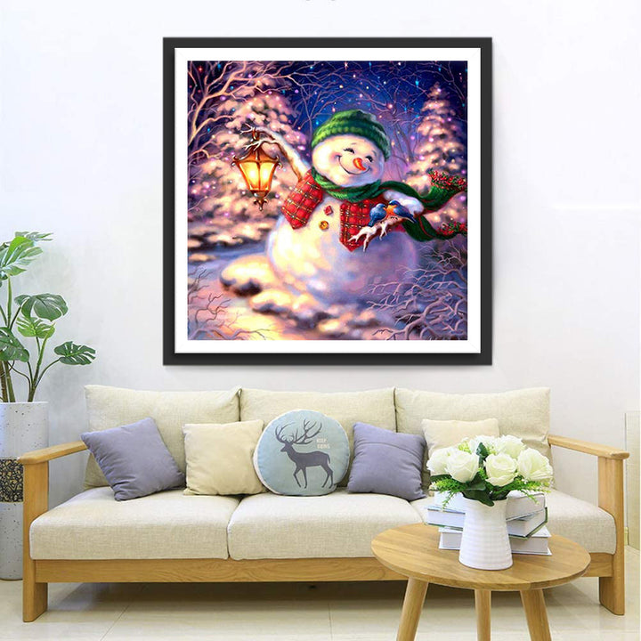 Vrolijke Sneeuwman met Lantaarn Diamond Painting