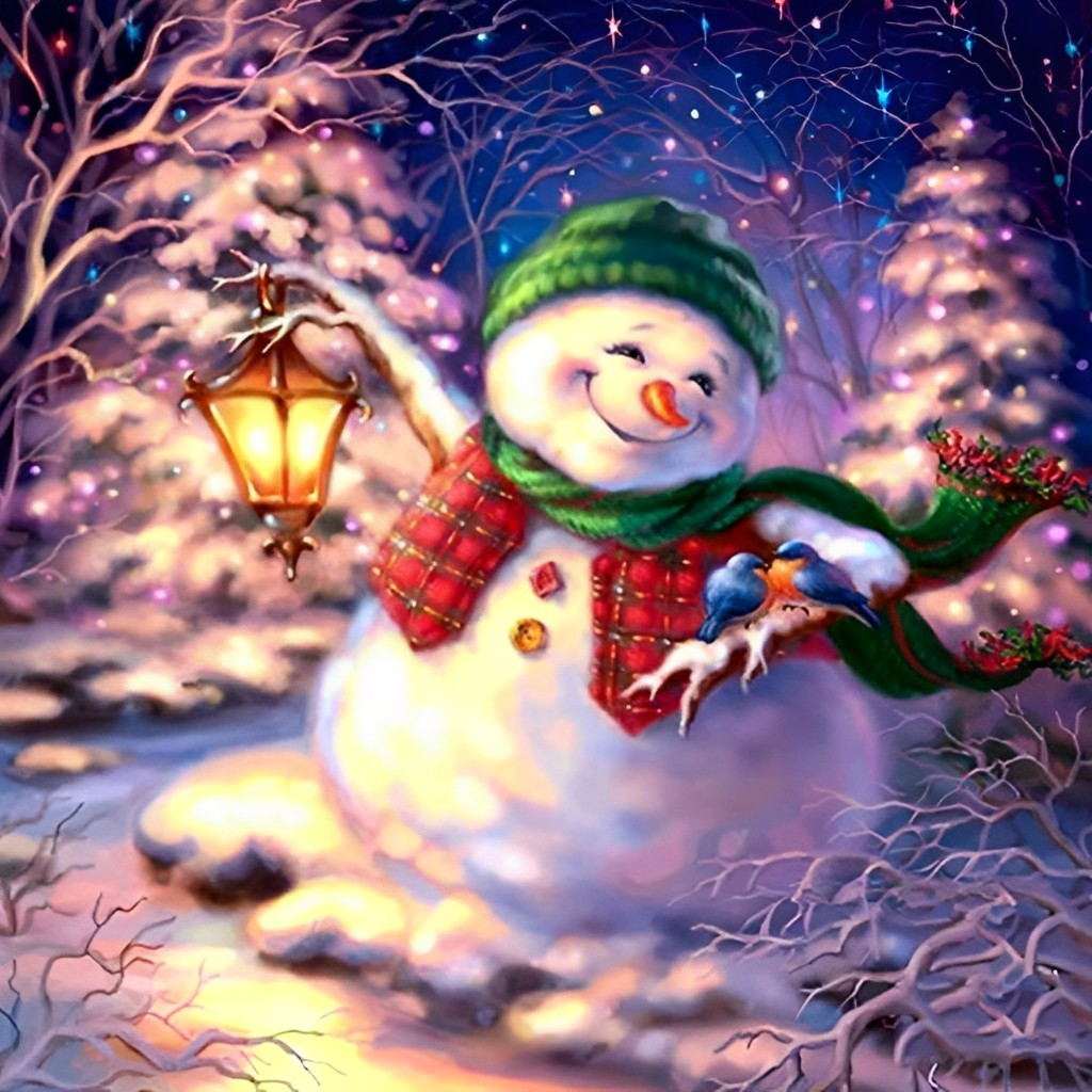 Vrolijke Sneeuwman met Lantaarn Diamond Painting