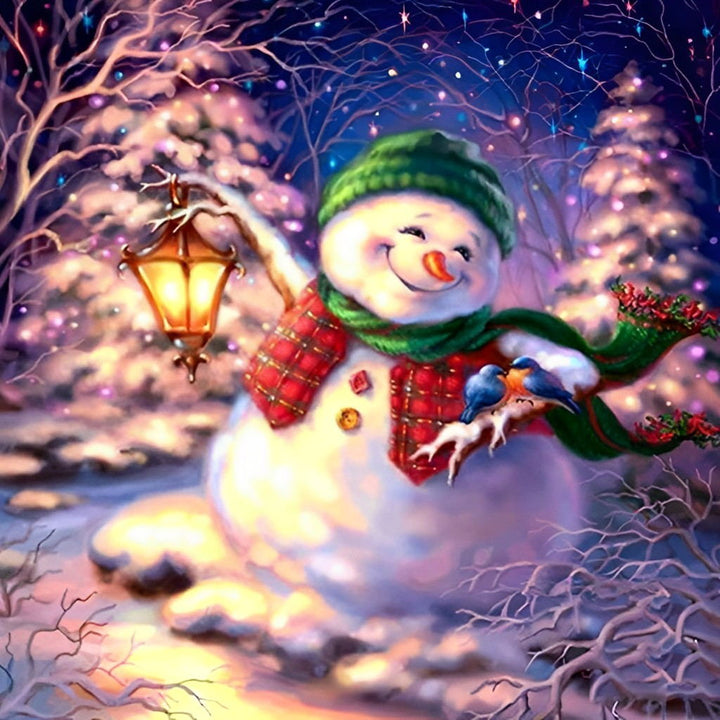 Vrolijke Sneeuwman met Lantaarn Diamond Painting