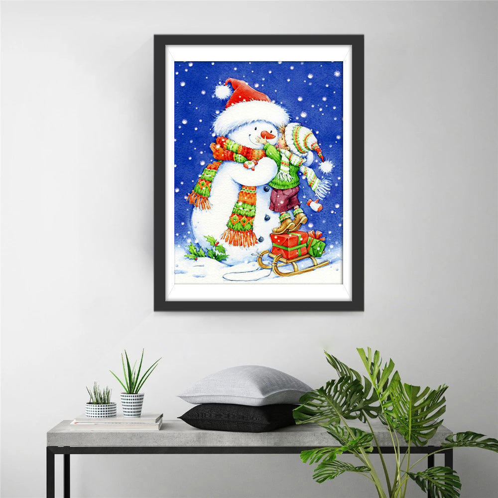 Vrolijke Sneeuwpop en Blij Kindje bij Slee en Sneeuw Diamond Painting