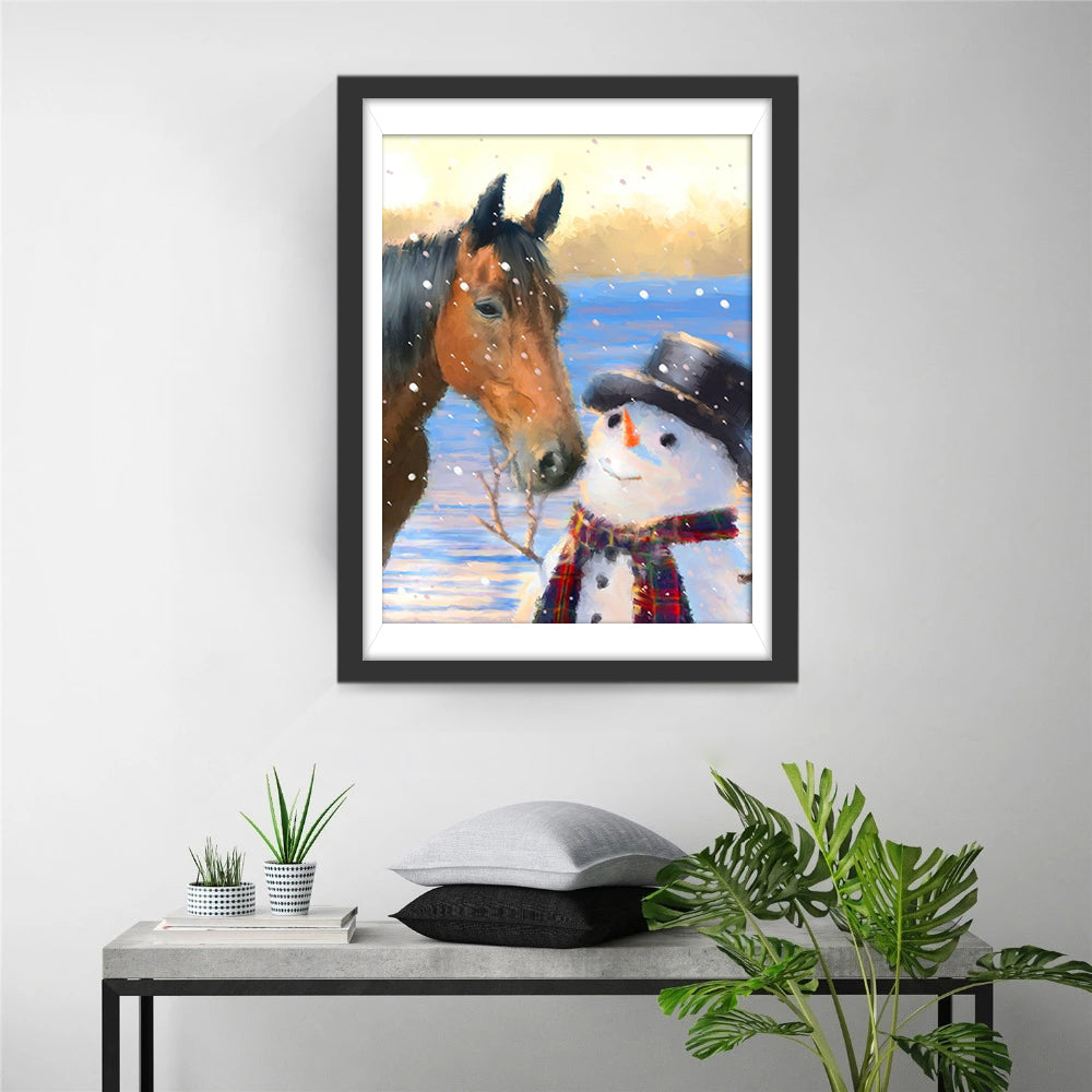 Vrolijke Sneeuwpop en Paard bij Sneeuwende Dag Diamond Painting