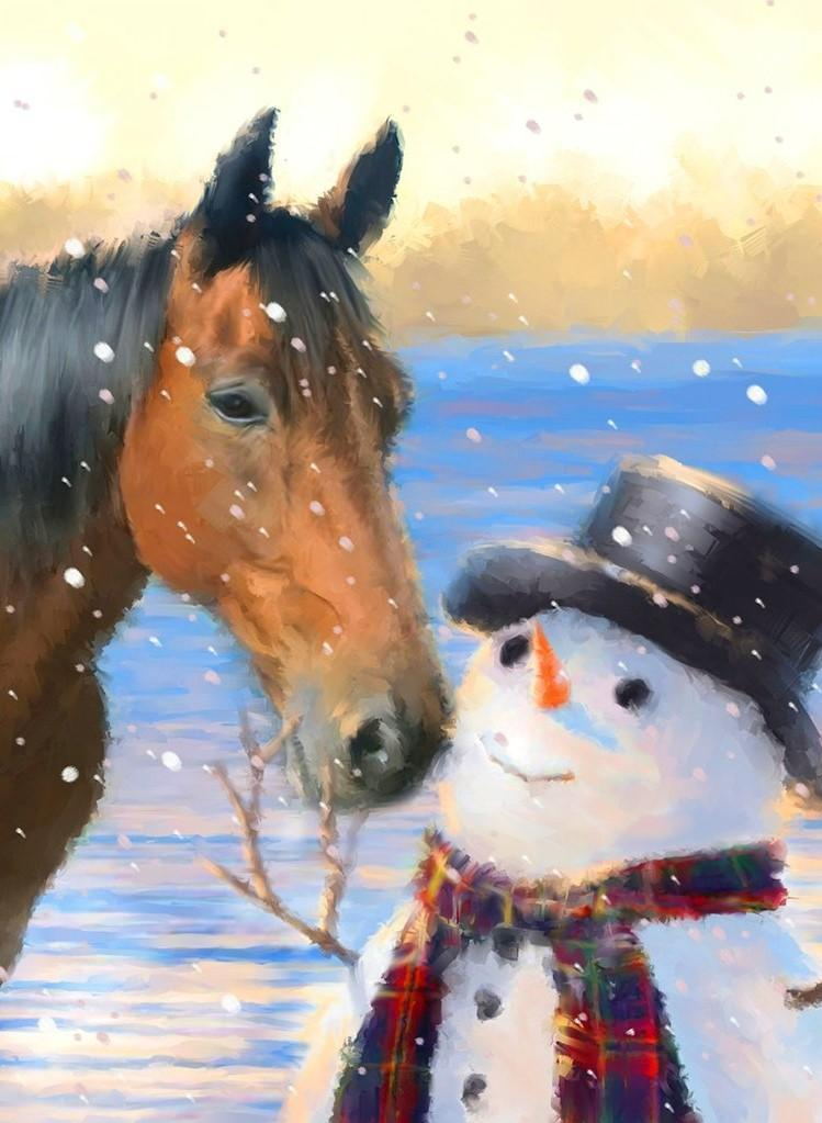 Vrolijke Sneeuwpop en Paard bij Sneeuwende Dag Diamond Painting