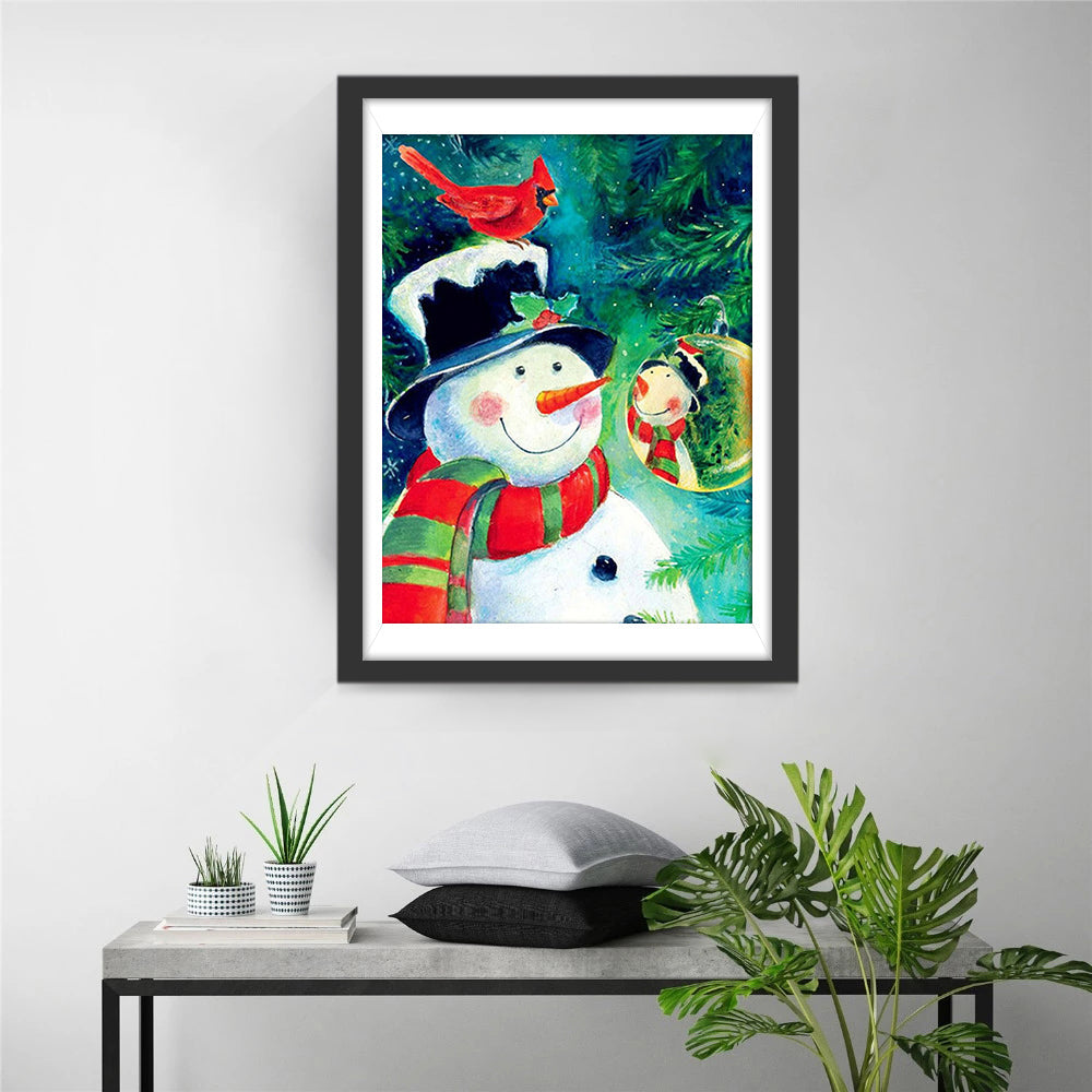 Vrolijke Sneeuwpop met Rood Vogeltje Diamond Painting