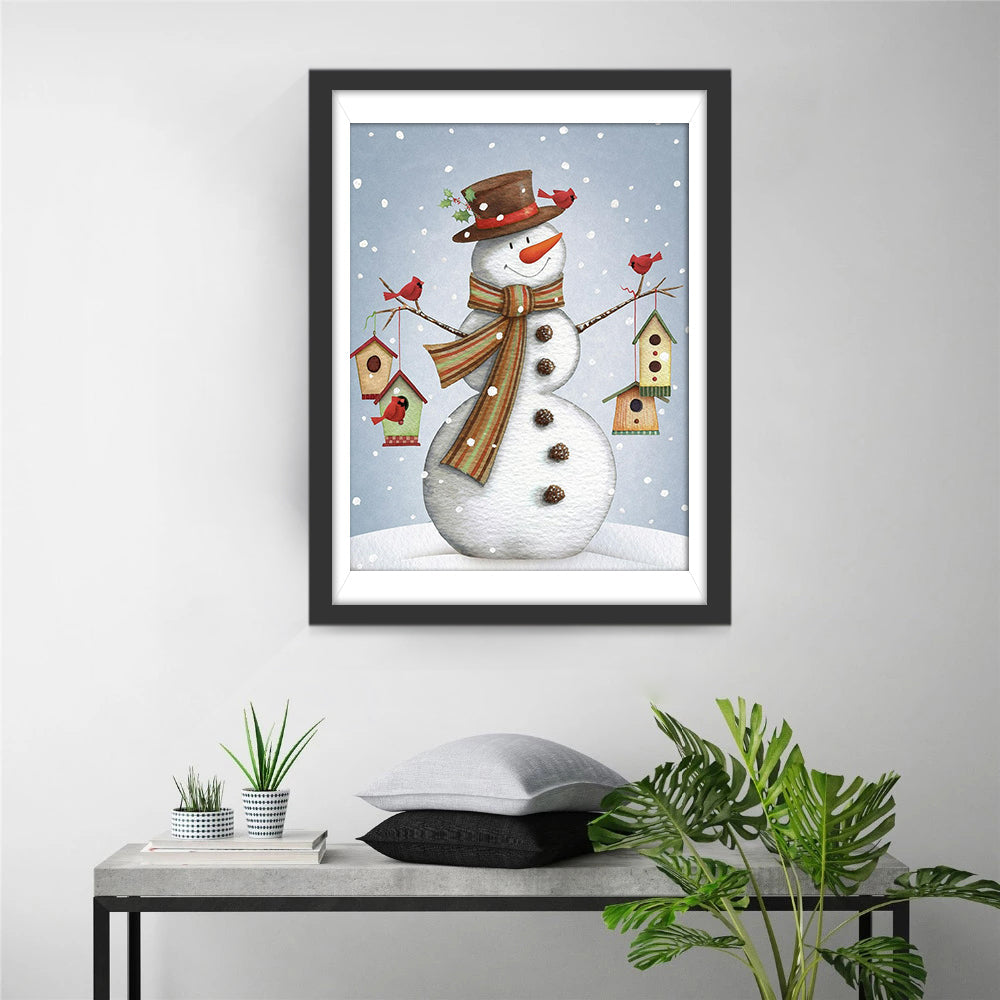 Vrolijke Sneeuwpop met Vogeltjeshuisjes Diamond Painting