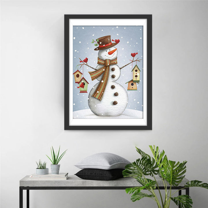 Vrolijke Sneeuwpop met Vogeltjeshuisjes Diamond Painting