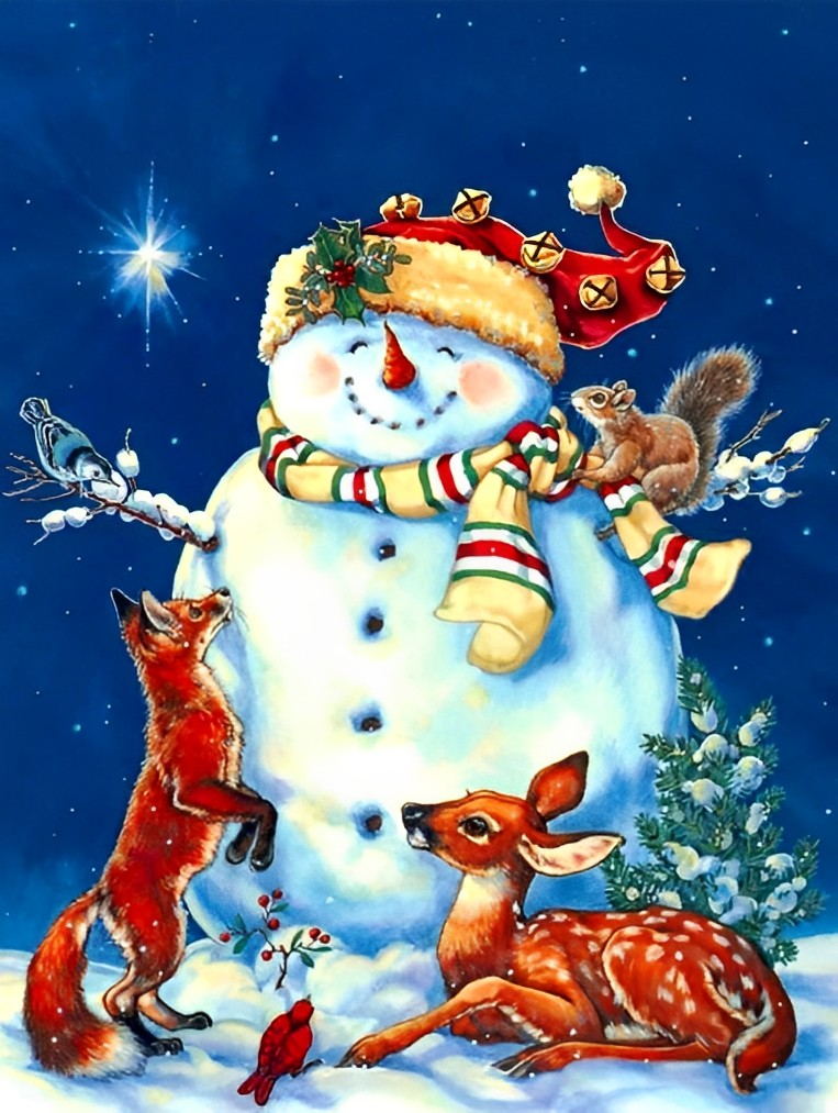 Vrolijke Sneeuwpop met Vossen en Ree in Kerstnacht Diamond Painting
