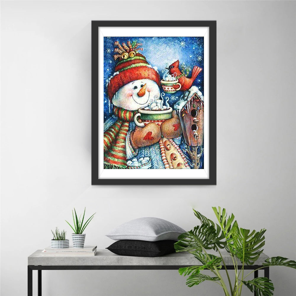 Vrolijke Sneeuwpop met Warme Chocolademelk in de Winter Diamond Painting