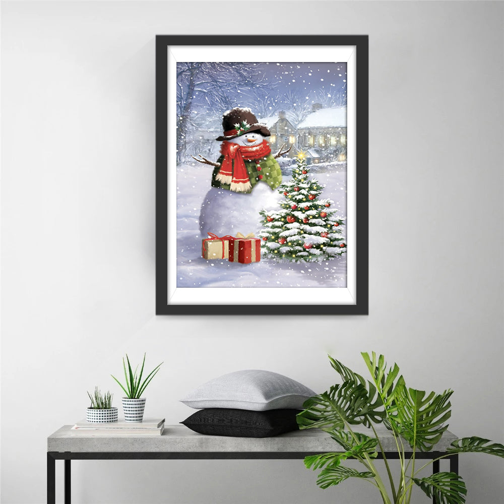 Vrolijke Sneeuwpop naast Feestelijke Kerstboom Diamond Painting
