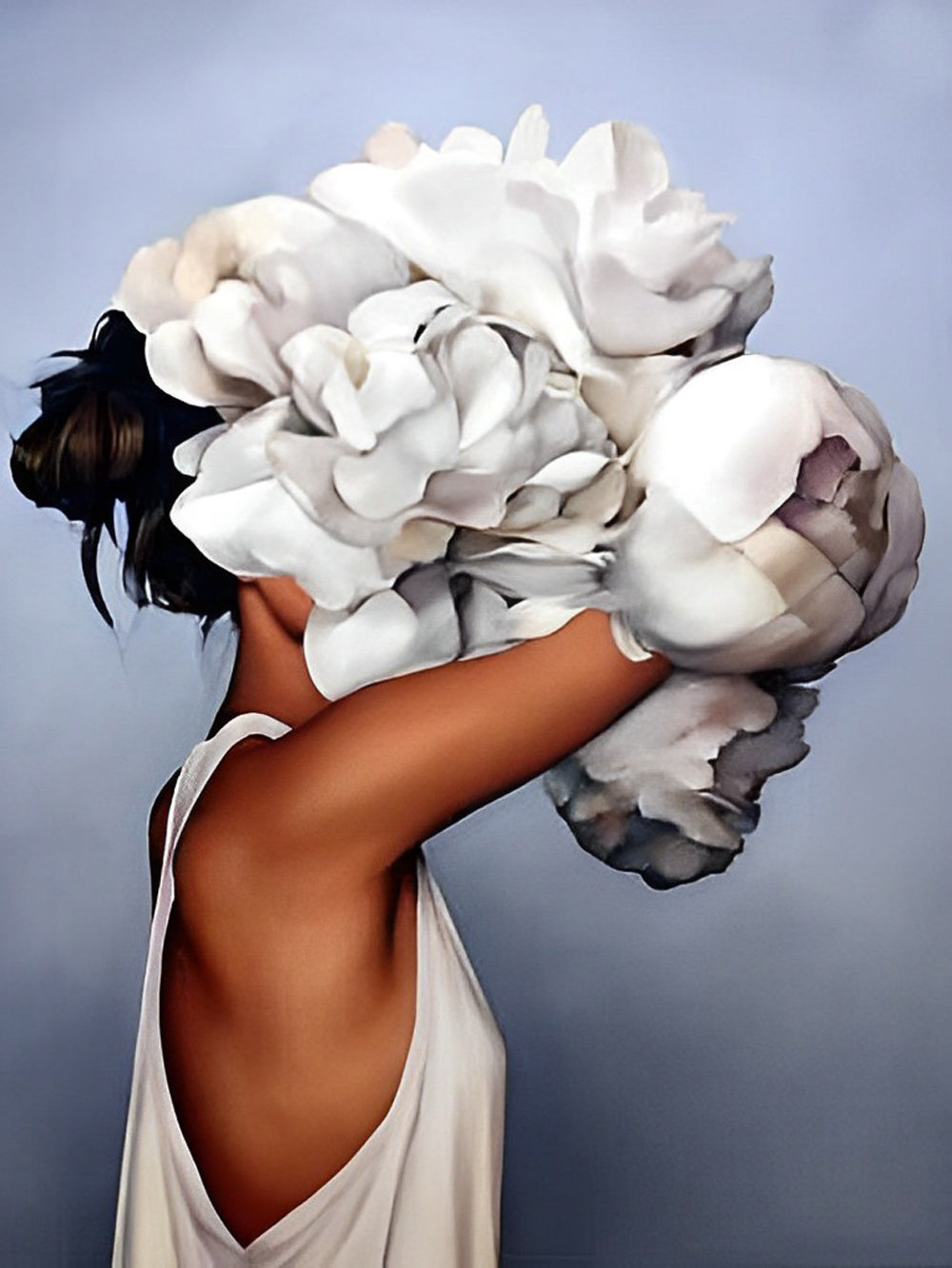 Vrouw die Rijkelijk Witte Bloemen Omhelst Diamond Painting